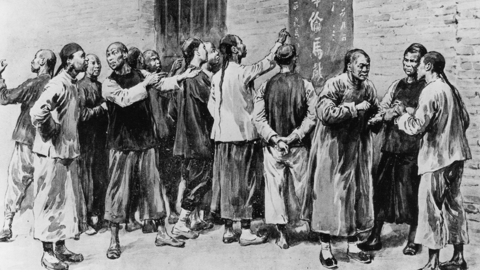 Chinese people read a Boxer manifesto in Peking (Beijing) which says 'Kill The Foreigners' during the Boxer Rebellion. Original Artist: By Frank Dadd. Original Publication: The Graphic - pub. 1900