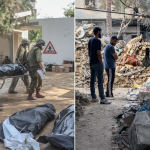 左图：以色列军队在与伊斯兰教哈马斯武装分子作战时造成的伤亡。右图：以色列空袭加萨后的狼藉。