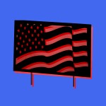 An American flag campaign sign on a blue background