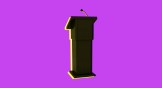 A black podium with a yellow outline and purple background