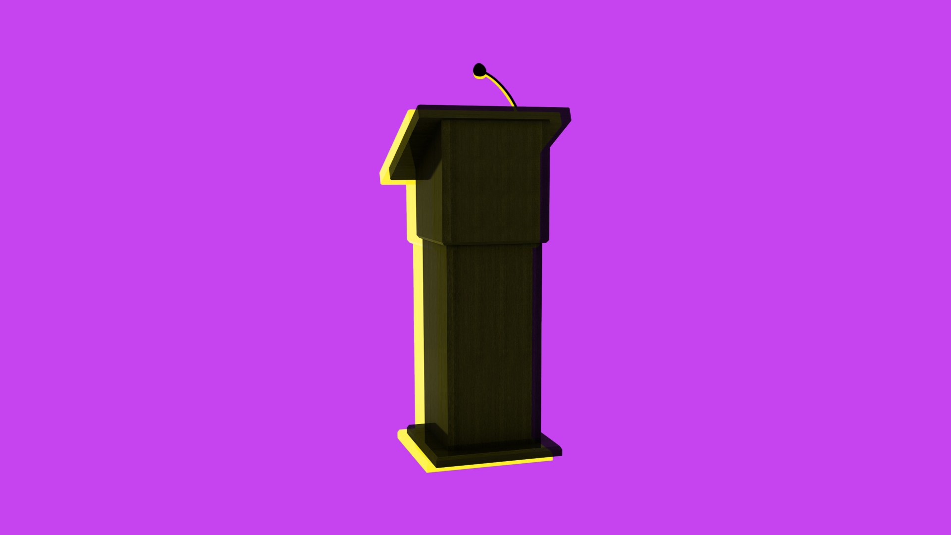 A black podium with a yellow outline and purple background