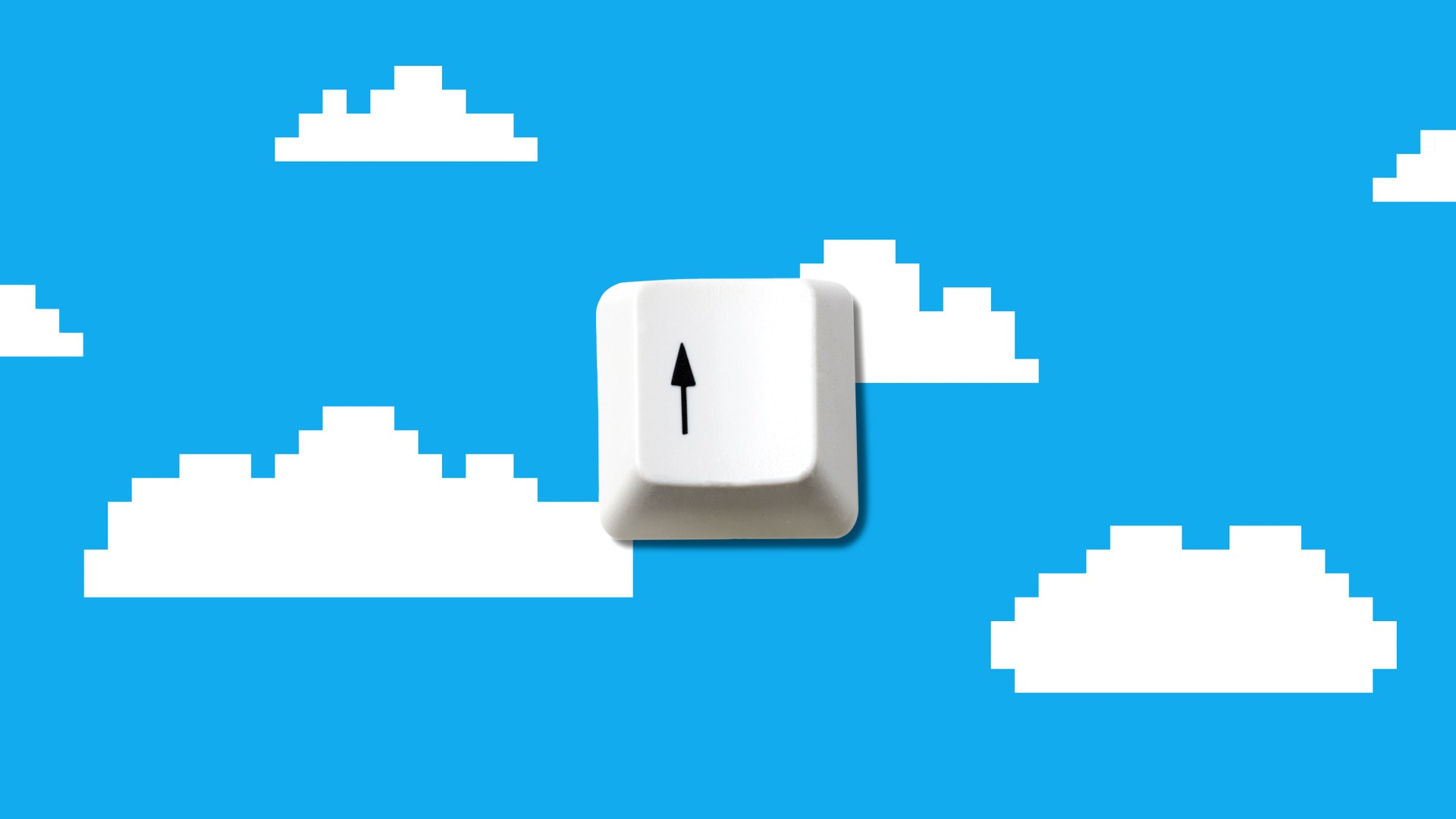 The up arrow key from a keyboard on a pixelated cloudy background