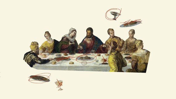 Paul and others sitting at a table eating with some food circled and others scribbled out