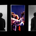 A vibrant image of people worshipping at church contrasted with black and white images of solitary people.