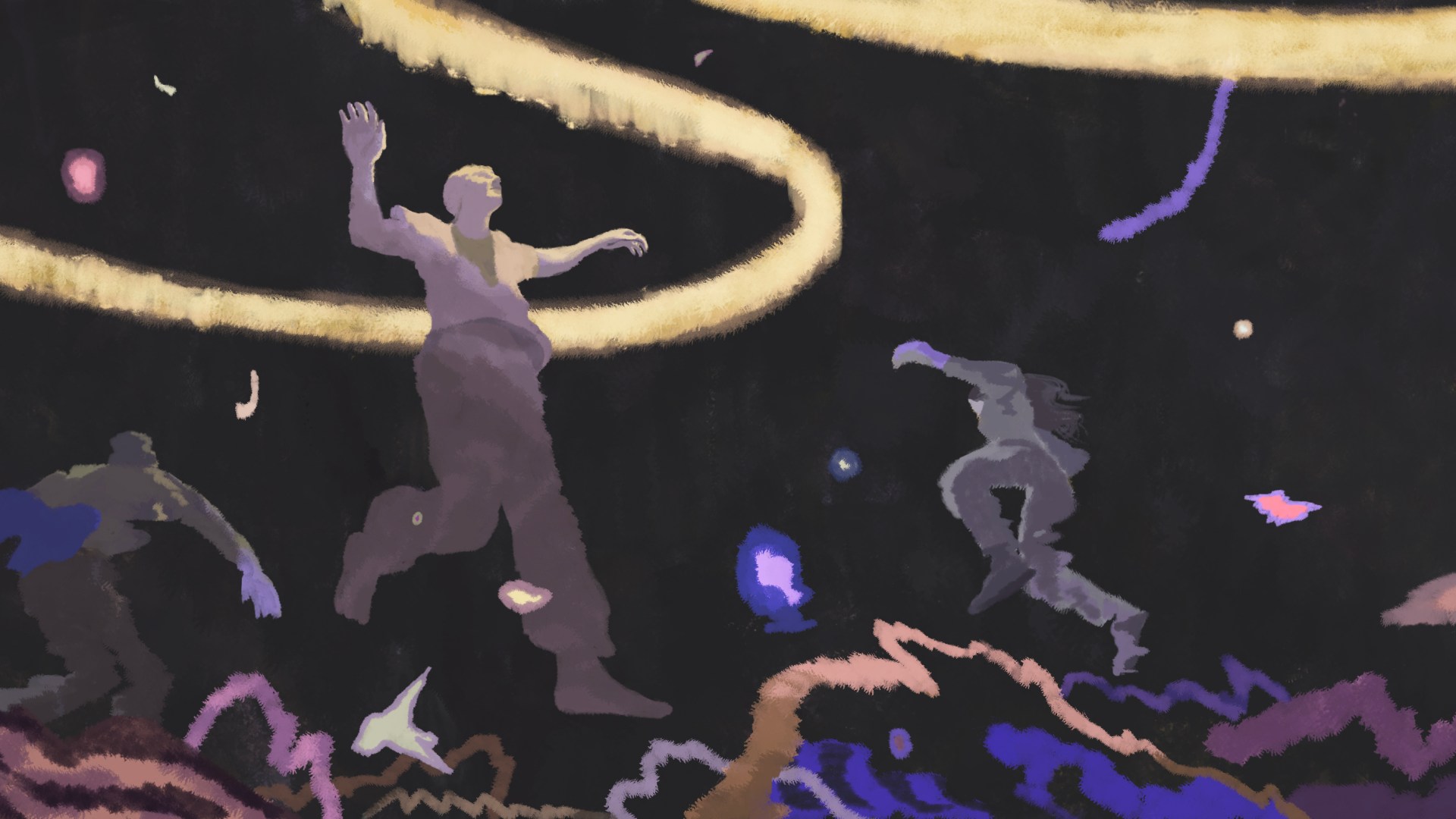 Illustration of a person falling through a void of doubt and confusion while reaching toward a golden life line.