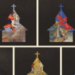 Churches with different scenes of Revelation in them on a black background