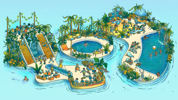 Several people enjoying a leisure moment at a beach club.