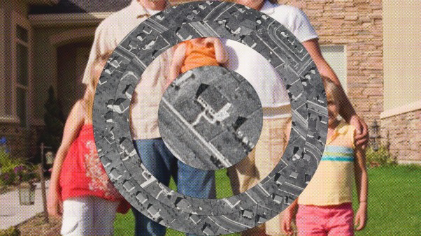 Collage of a white family in the suburbs and a 1950s black and white photo of cookie cutter suburbs