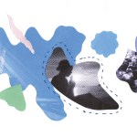 A collage of organic cutout shapes, with images of silhouettes of people inside.