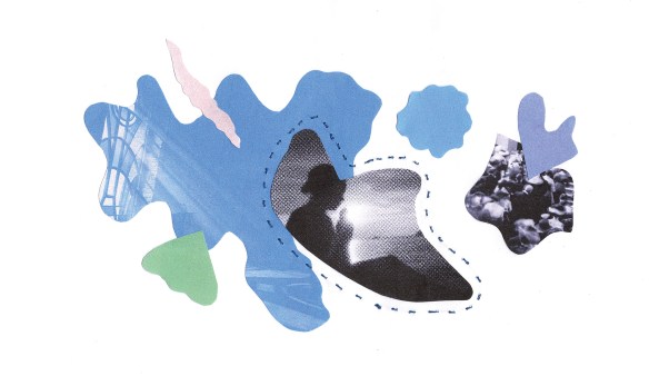 A collage of organic cutout shapes, with images of silhouettes of people inside.