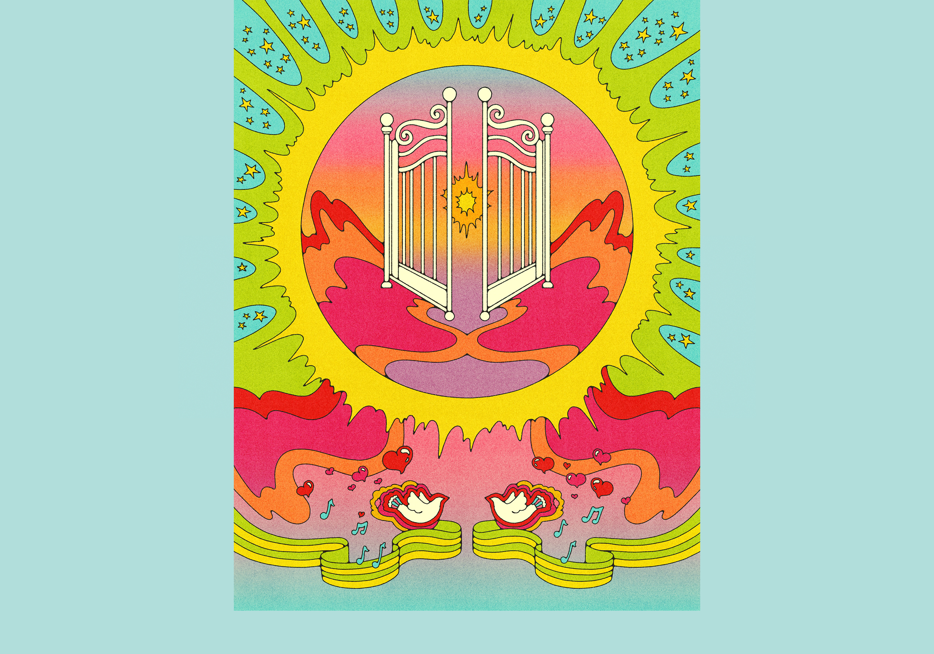 Illustration of two doves surrounded by hearts, waves and musical notes illustrated in a retro 70s style.