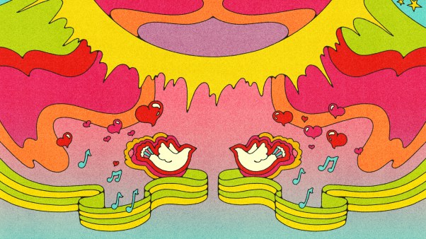 Illustration of two doves surrounded by hearts, waves and musical notes illustrated in a retro 70s style.