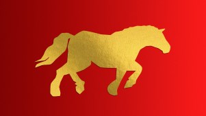 A gold workhorse on a red background.