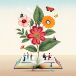 一本敞开的书里长出繁花盛开的枝条；书页之间仿佛延展成一方天地，人们在其中相聚、对话、阅读。