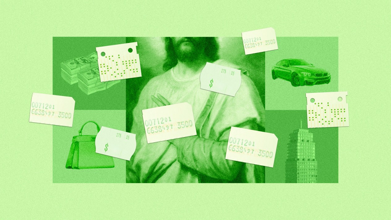 耶稣、价格标签与物质商品的拼贴画。