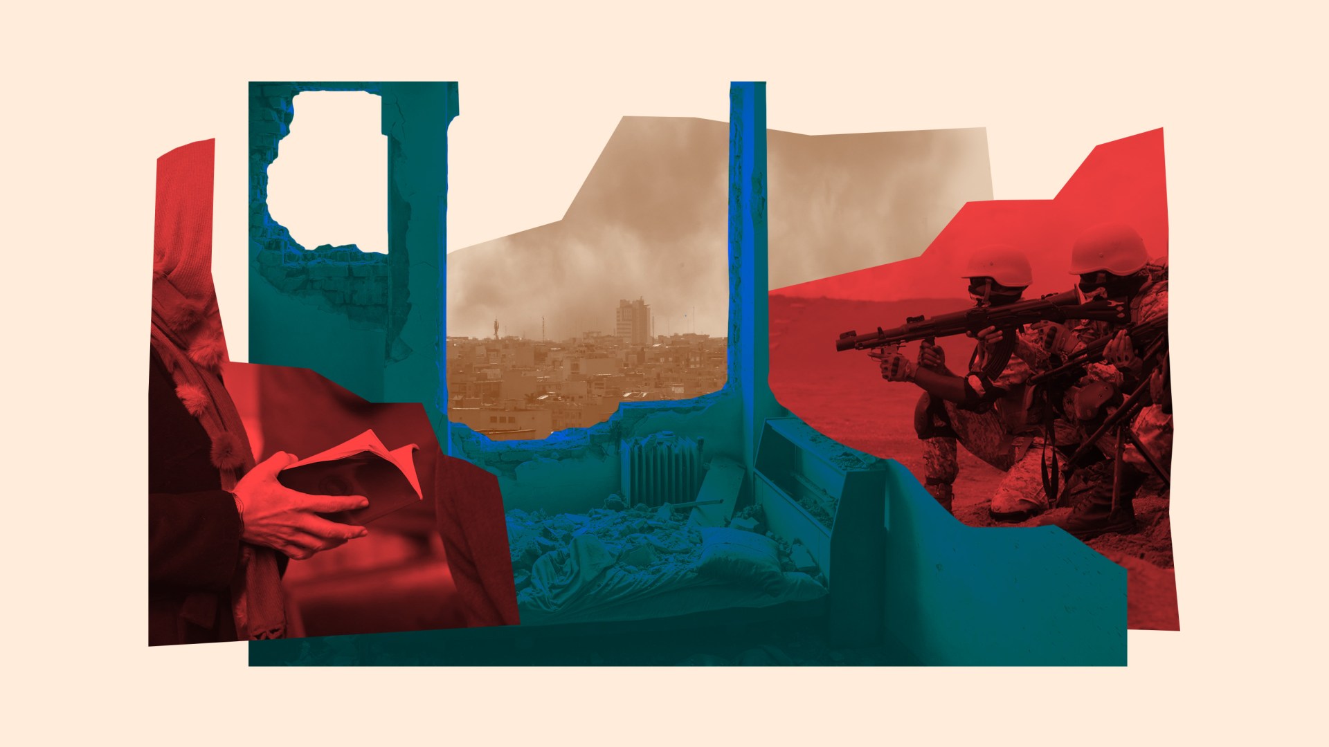 Iranian soldiers, rubble, and a person praying.